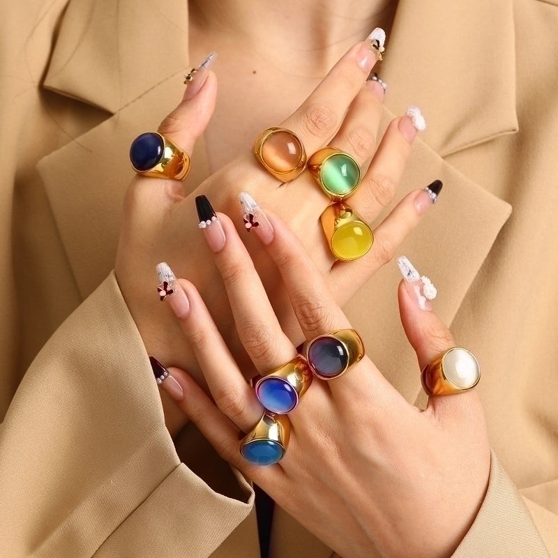 Vintage Style Minimalist Geometric Color Block Titanium Steel Plating Inlay Opal Rings