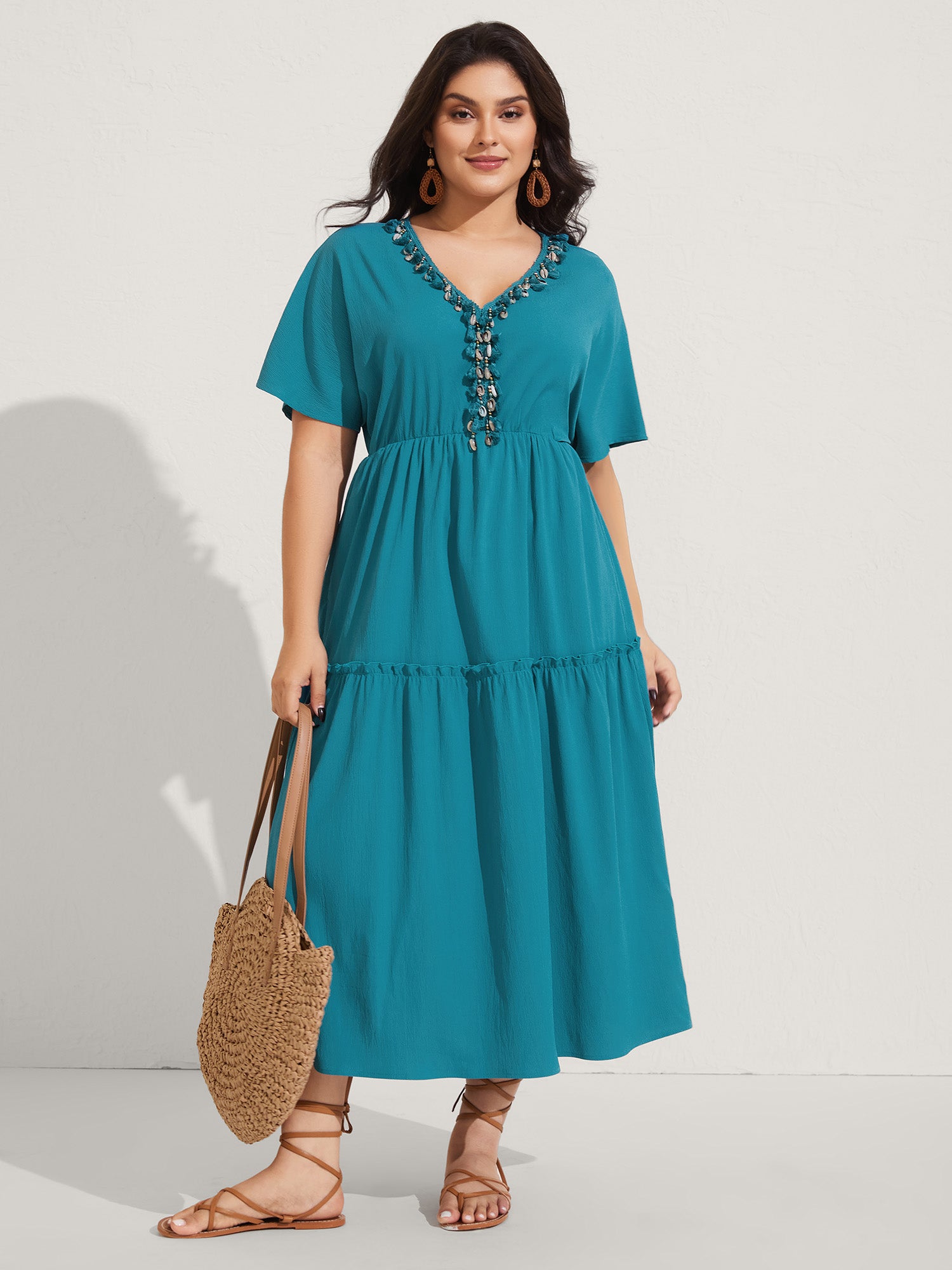 Collar Seashells Tassels Tiered Maxi Dress