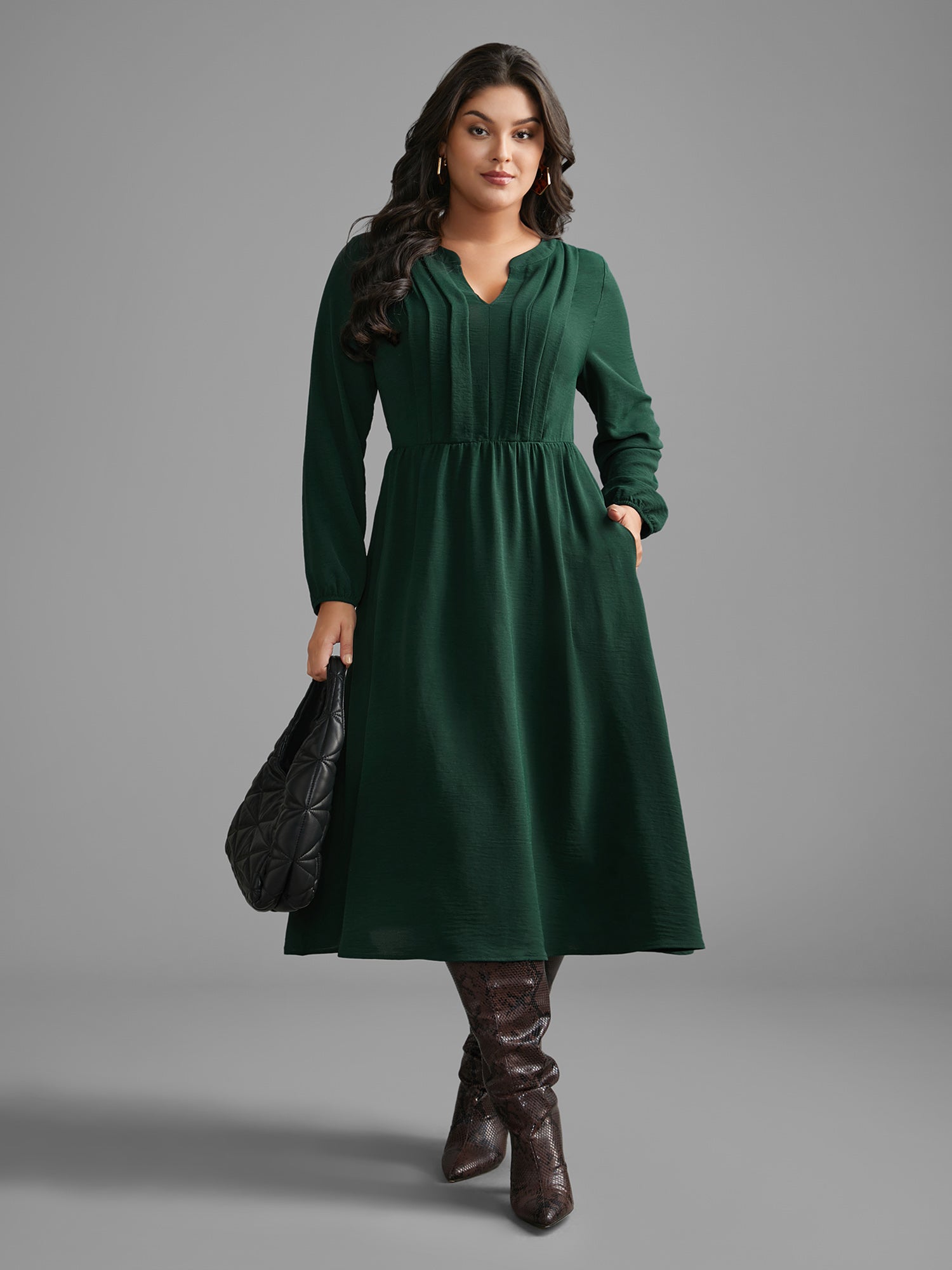 Plain Notched Pleated Midi Dress