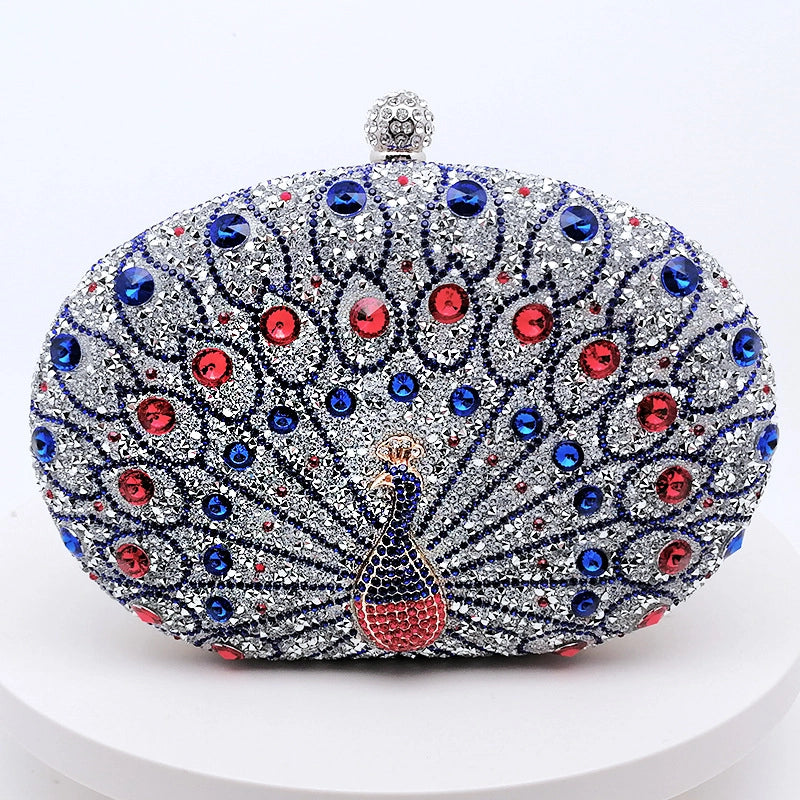 Silver Black Green Pu Leather Peacock Oval Evening Bags