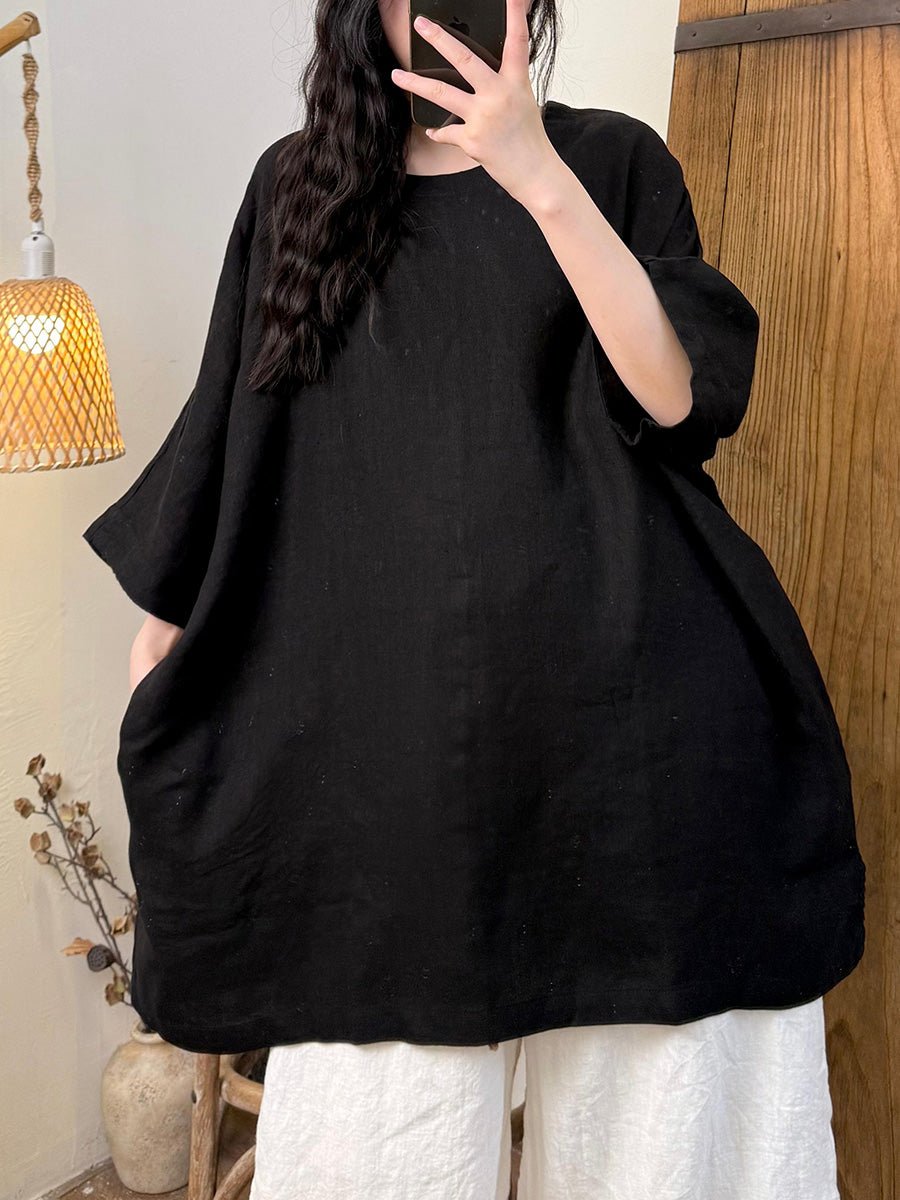Women Summer Pure Color O-Neck Hemp Shirt