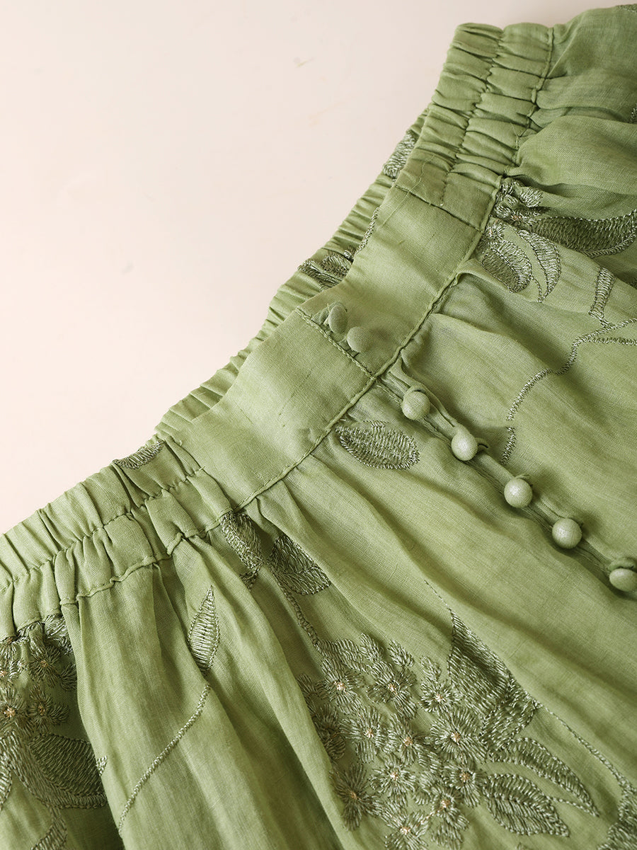 Women Summer Artsy Flower Embroidery 100%Ramie Skirt