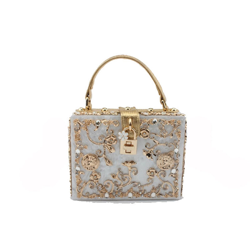 Black White Gold Arylic Flower Hollow Square Evening Bags