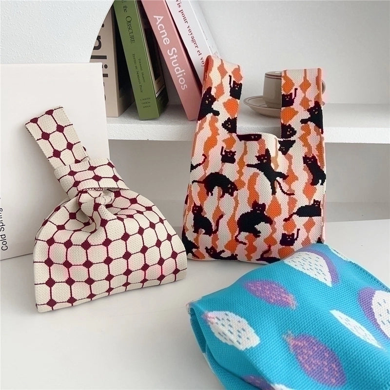 Women's Knit Houndstooth Fruit Flower Cute Bucket Open Handbag Bucket Bag