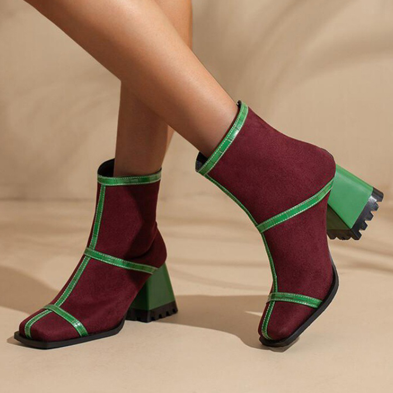 Contrast Binding Square Toe Chunky Heels Ankle Boots