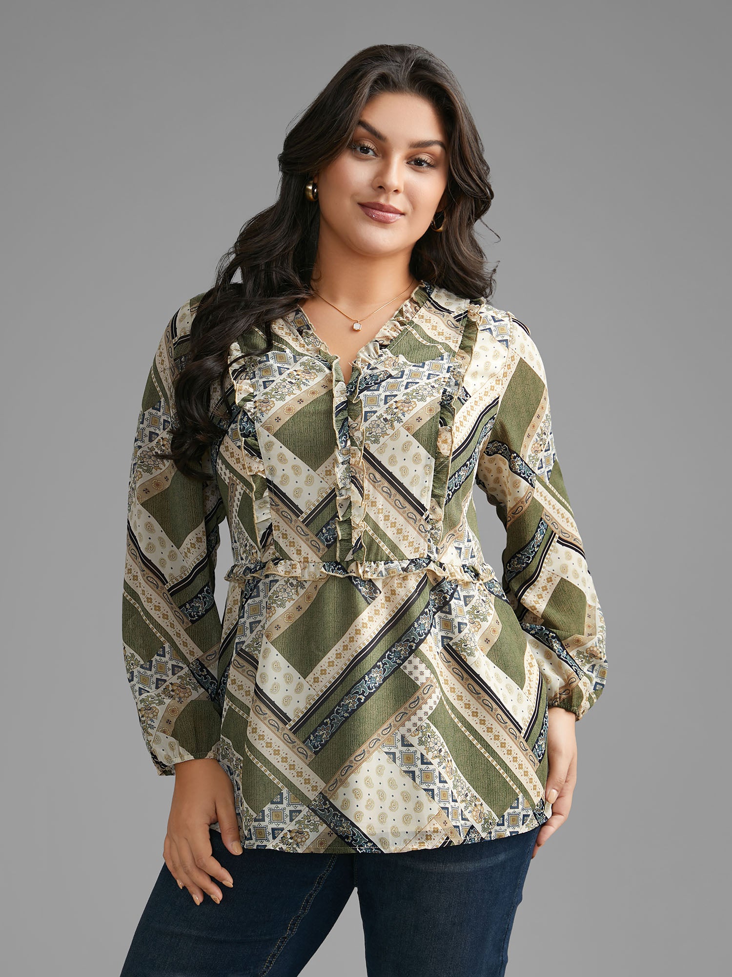Bandana Print V Neck Ruffle Trim Blouse
