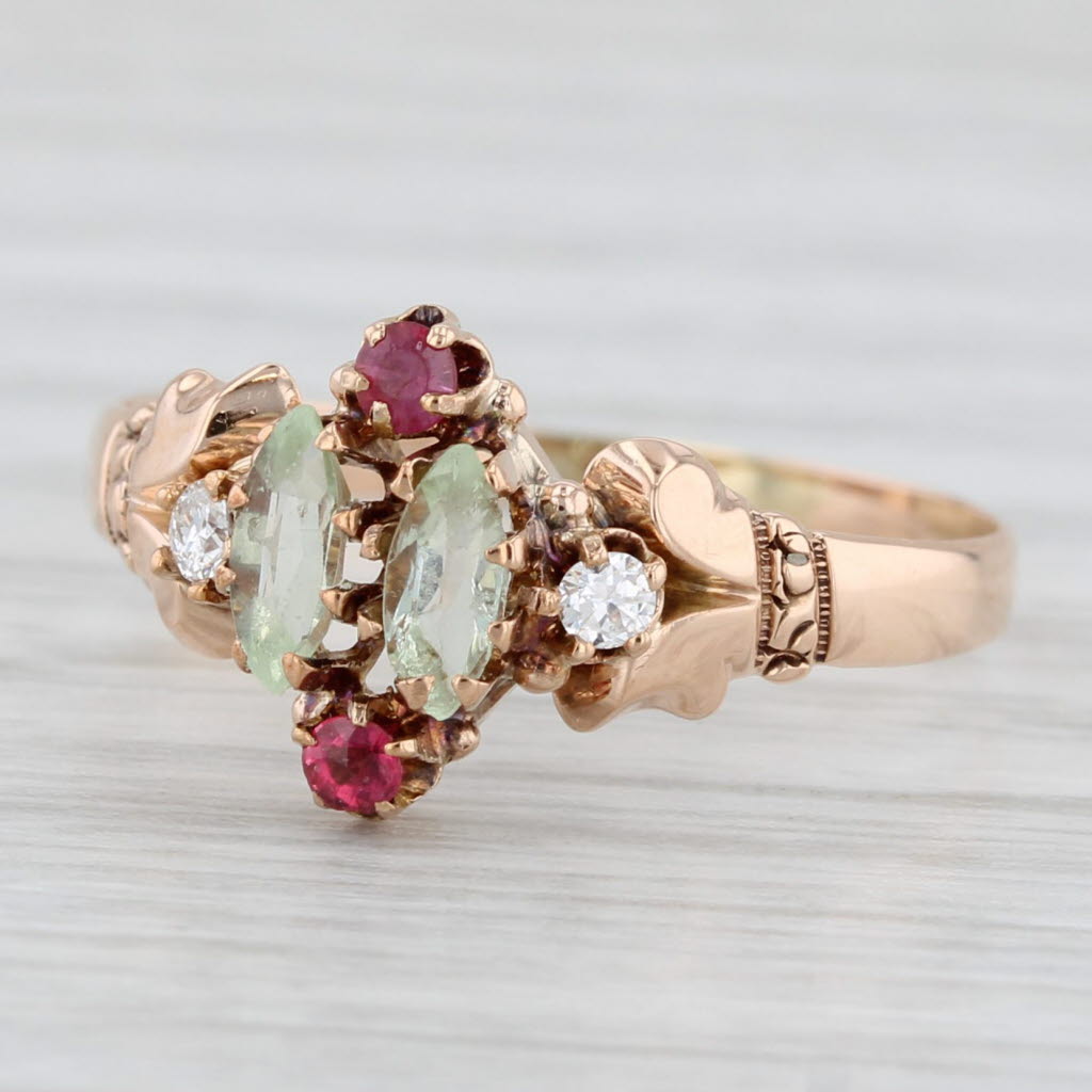Victorian Diamond Garnet Ruby Ring 10k Rose Gold Size 7.75 Antique