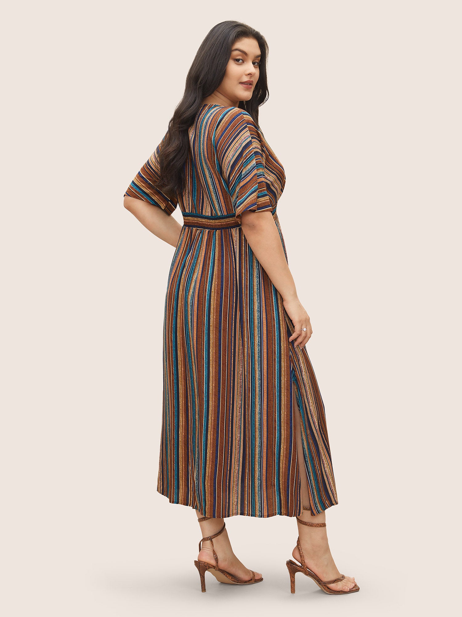 Striped Contrast Dolman Sleeve Shirred Pocket Split Flutter Dress