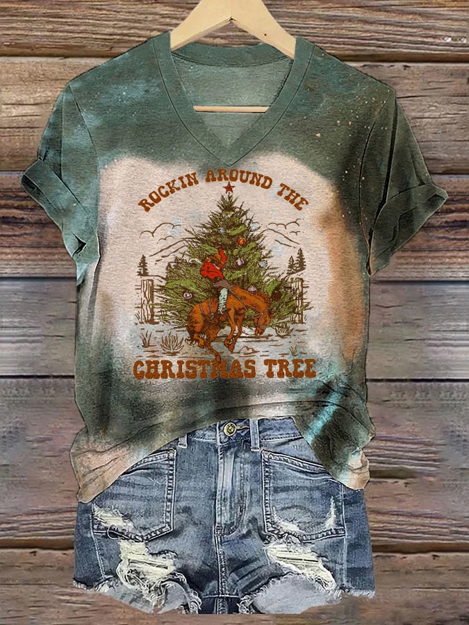 Women's Western Christmas ROCKIN AROUND THE CHRISTMAS TREE Printed V-Neck T-Shirt