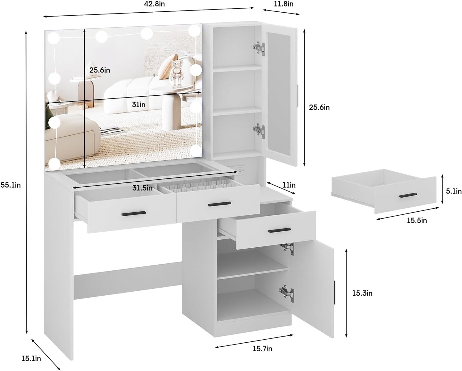 Makeup Vanity Desk with Lights and Mirror White Vanity Table Set with Charging Station