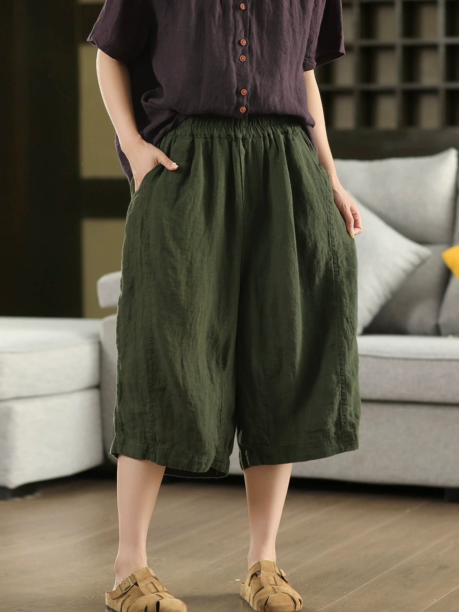 Women Summer Vintage 100%Linen Wide-leg Cropped Pants