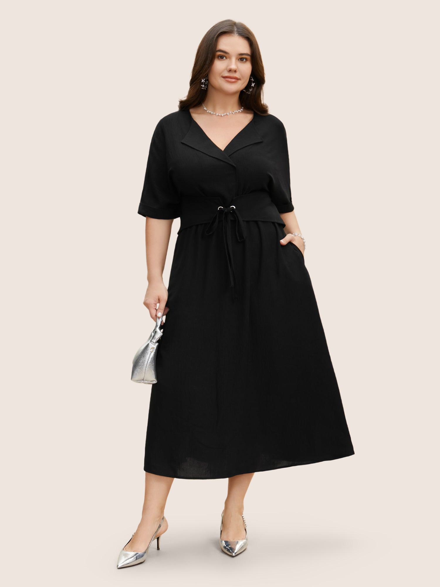 Suit Collar Tie Knot Dolman Sleeve Midi Dress