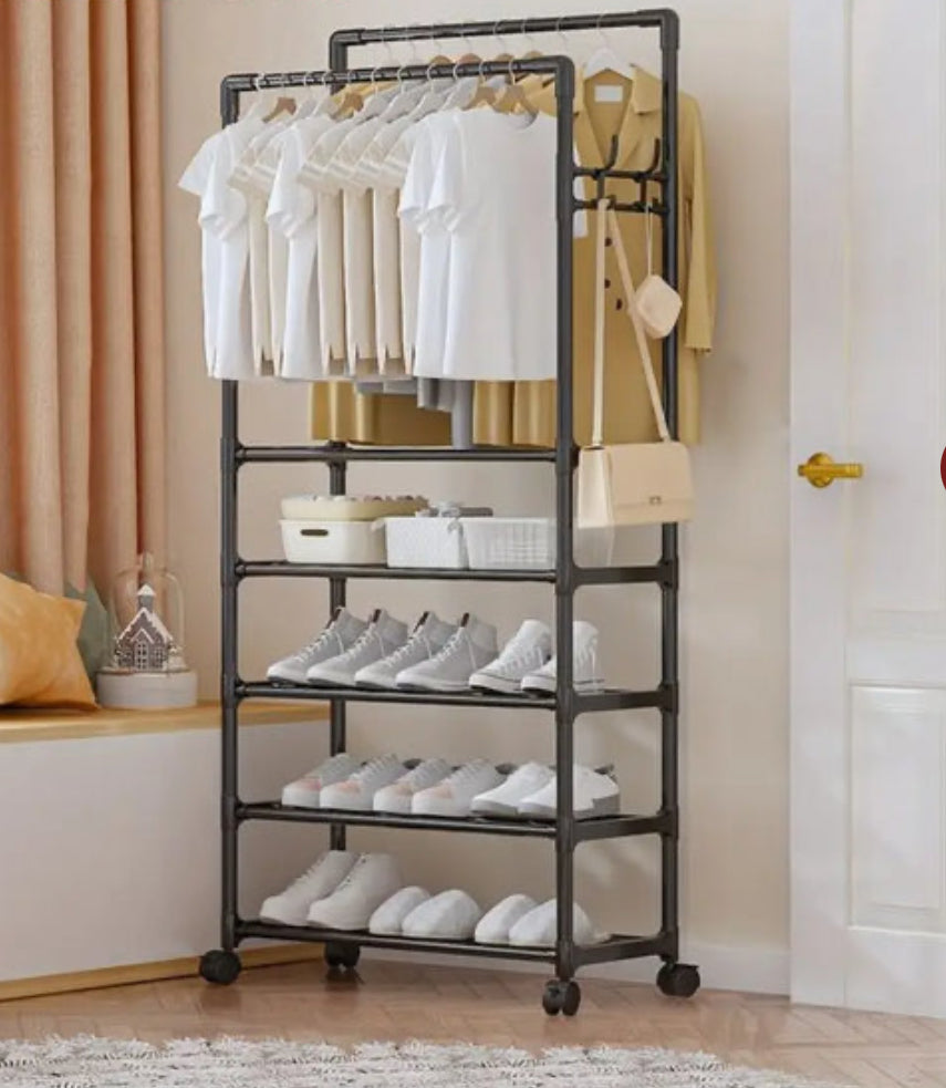Multifunctional Metal Clothes Rack with Lower Storage Shelves