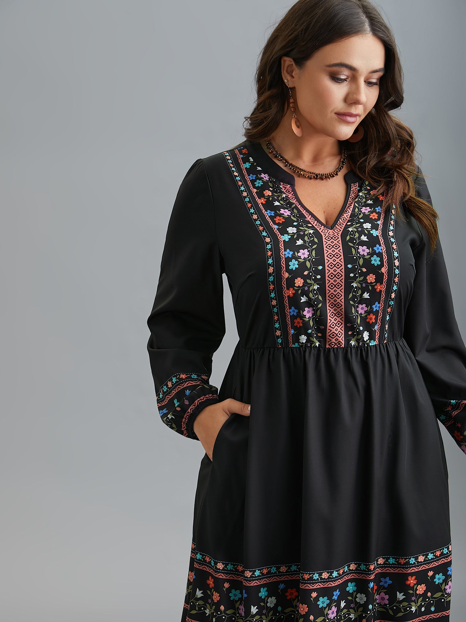 Notched Collar Boho Print Midi Dress