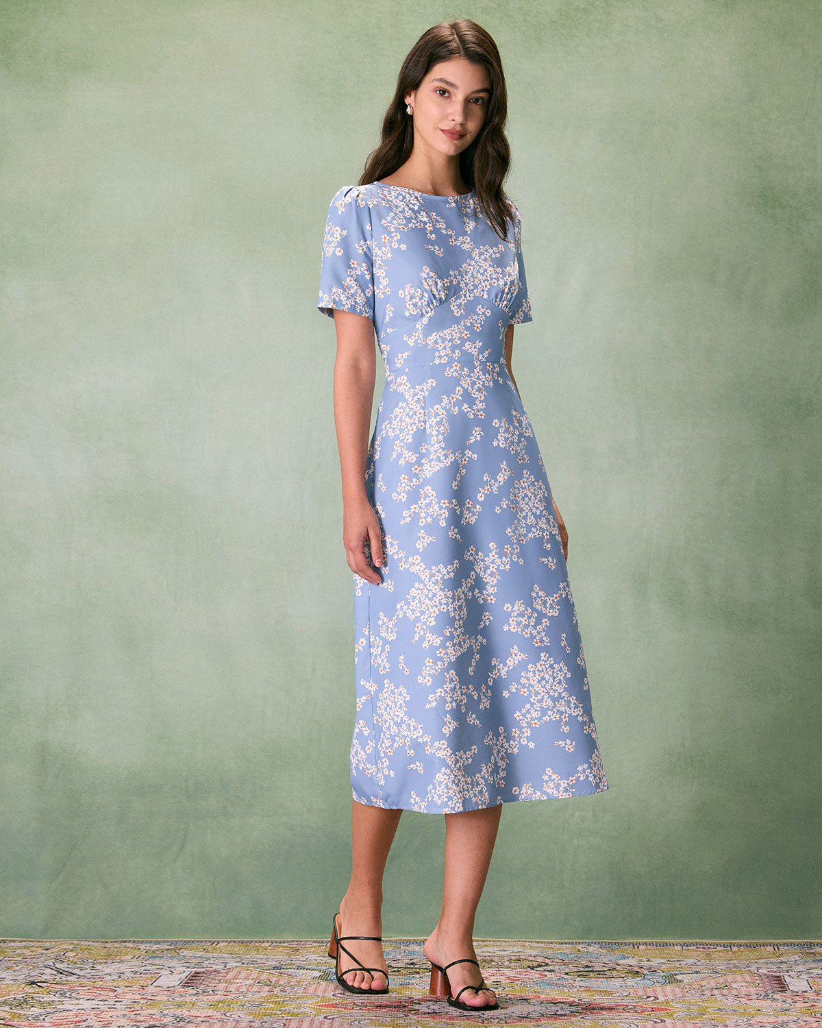 The Blue Round Neck Floral Midi Dress