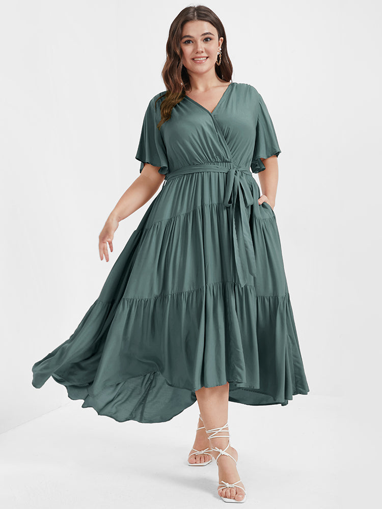 Solid Button Pocket Belted Ruffles Wrap Midi Dress