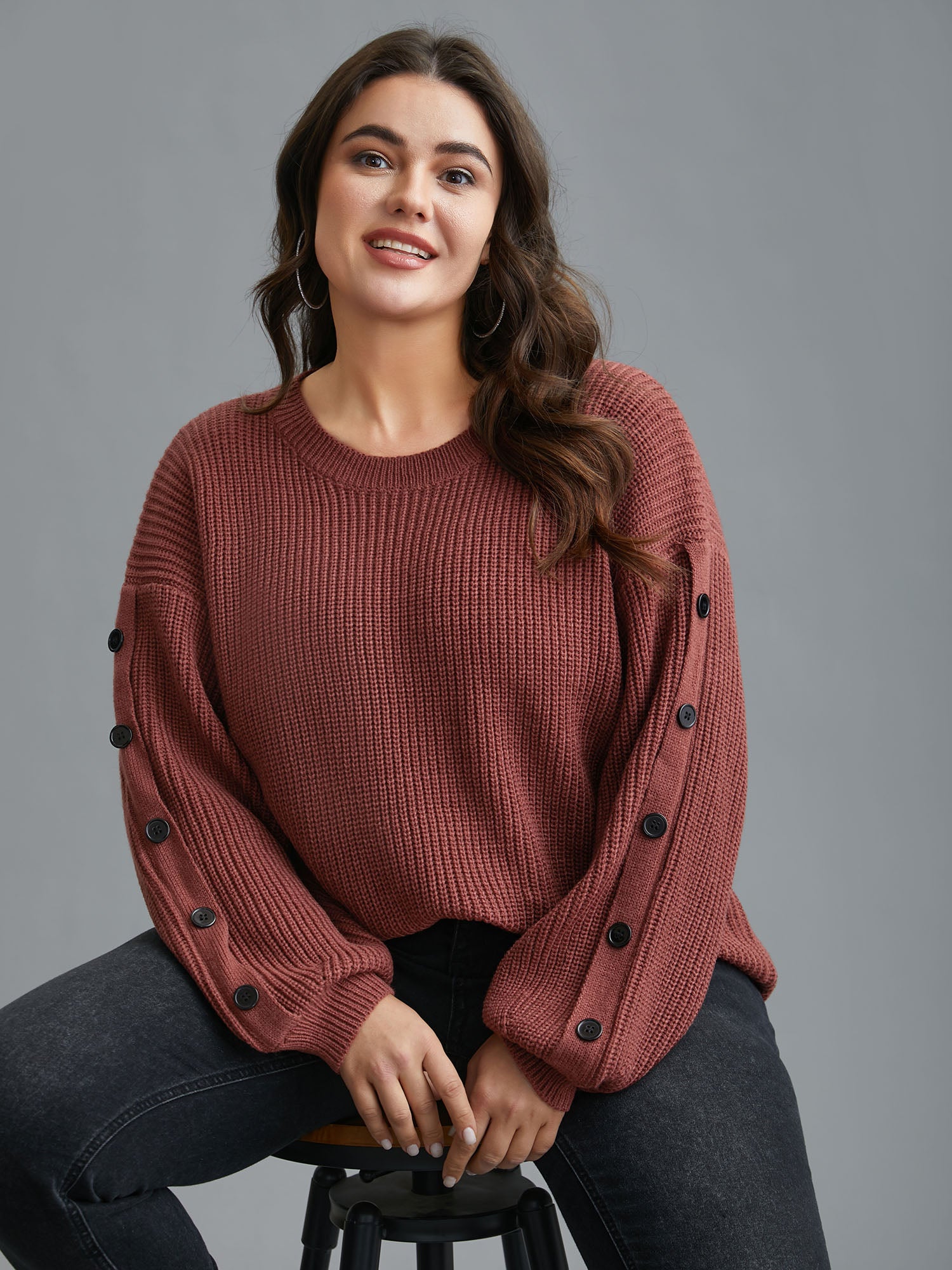 Textured Drop Shoulder Button Detailing Pullover