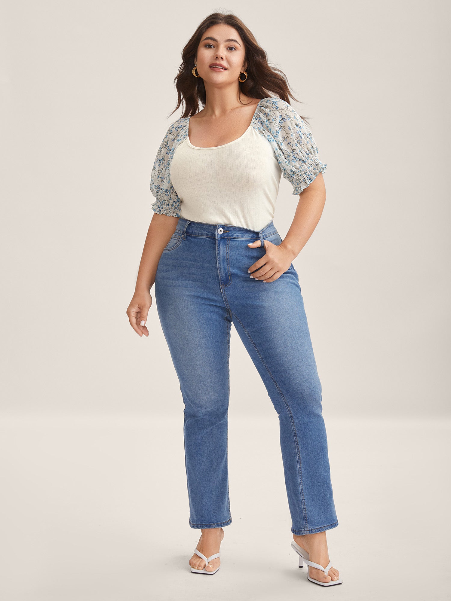 Floral Puff Sleeve Textured T-Shirt