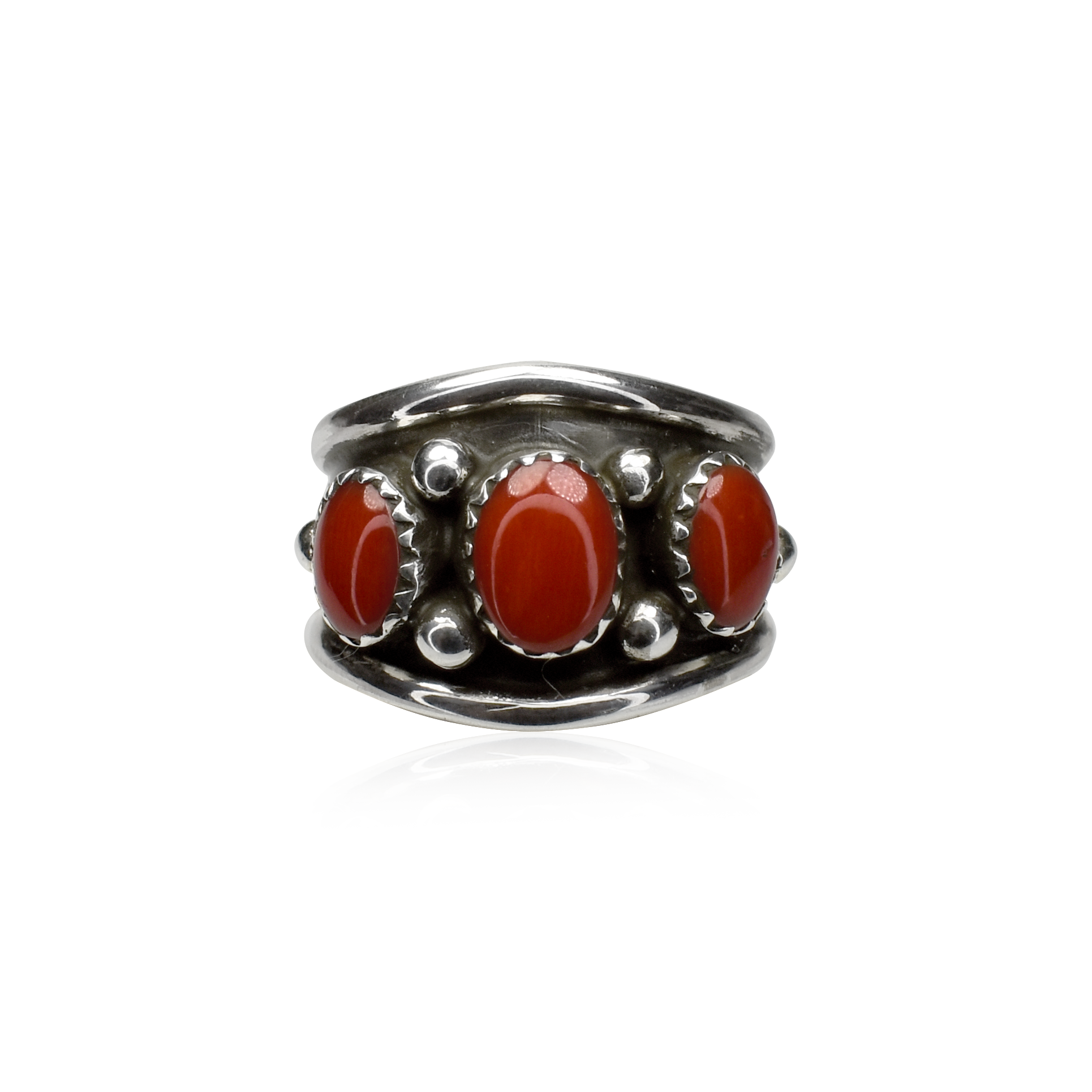 Three Coral Stone Band Ring with Silver Beads