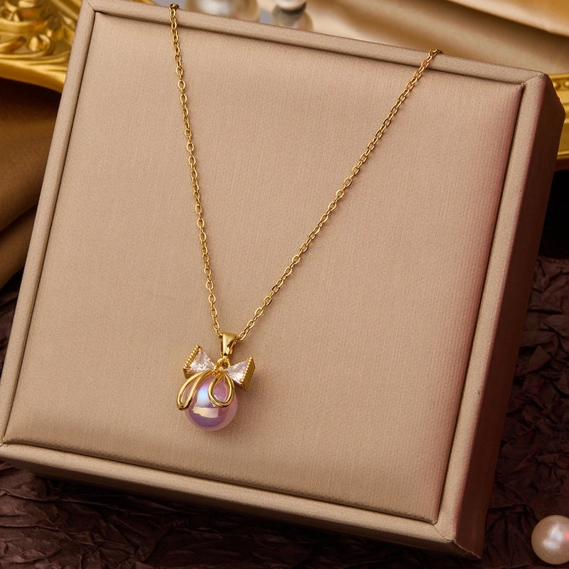 Elegant Minimalist Geometric Flower Bow Knot Titanium Steel Plating Pendant Necklace