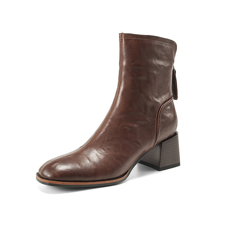 55mm Block Heel Square Toe Ankle Boots with Back Zip in Genuine Cowhide Black/Brown