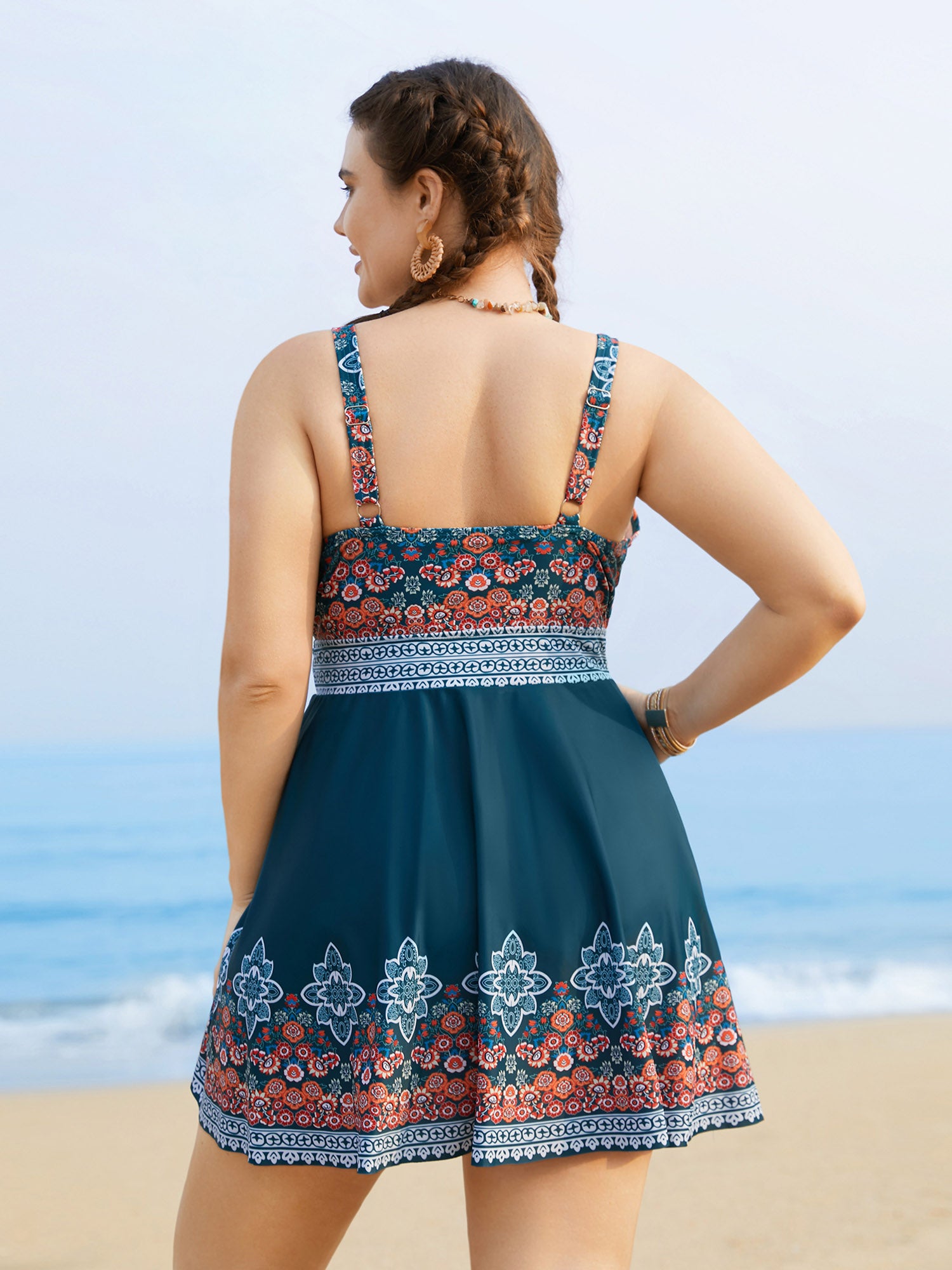 Boho Print Gathered Overlap Collar Swim Dress