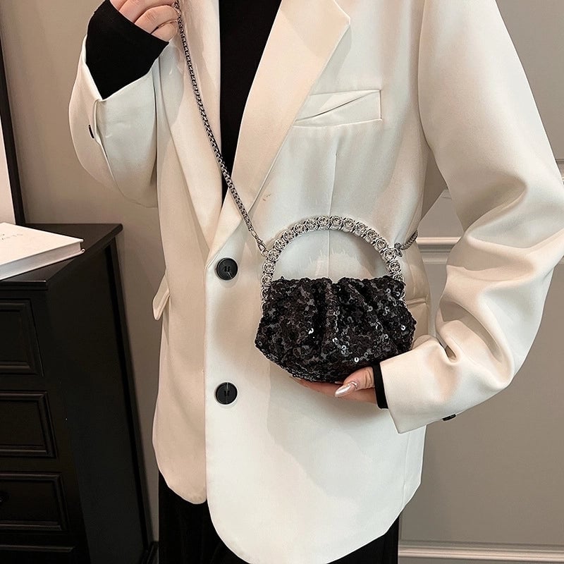 Pink Silver Black Pu Leather Solid Color Sequins Shell Evening Bags