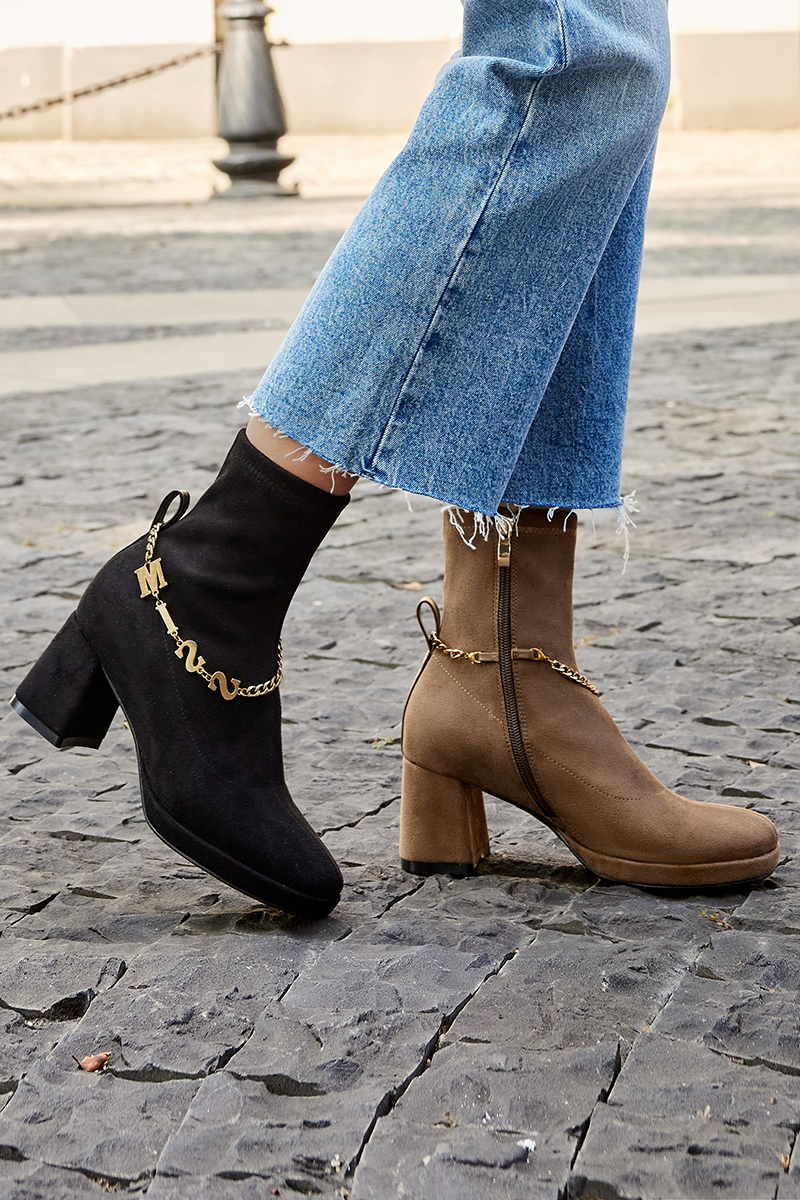 Genuine Leather Metallic Chain Decor Zipper Chunky Heels Leather Ankle