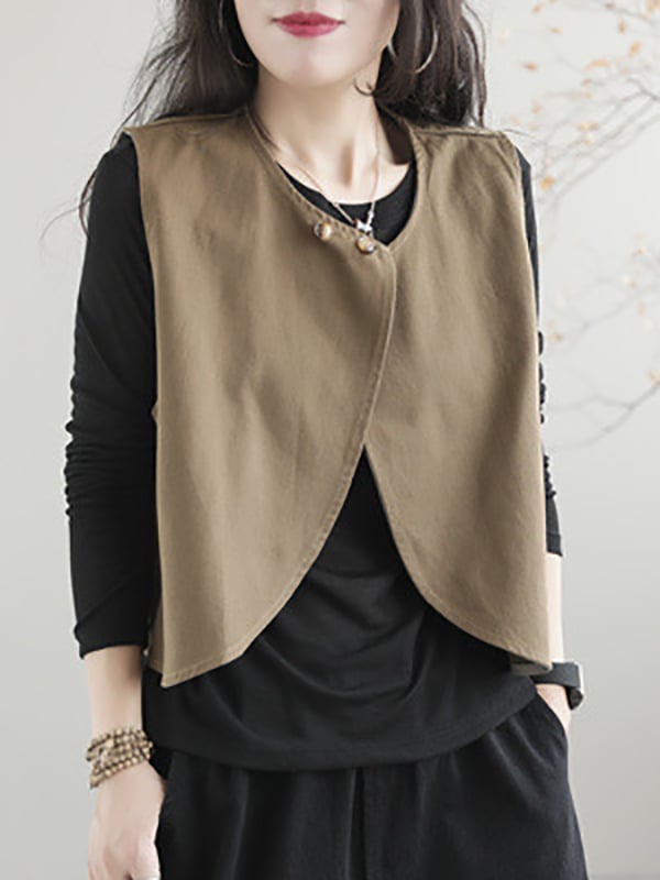 Artistic Retro Loose Sleeveless Solid Color Round-Neck Vest Outerwear