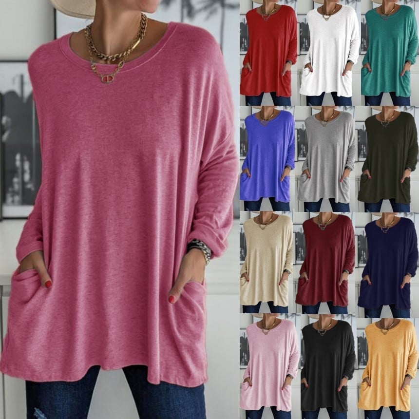 HOT SALE -49% OFF🎄Round Neck Long Sleeve Pocket Solid T-Shirt