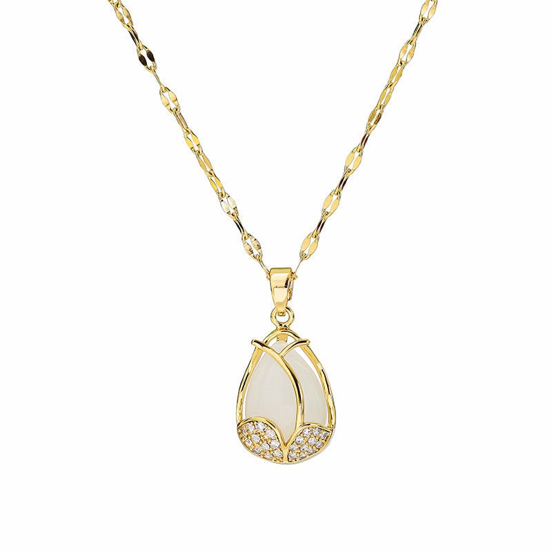 Golden Tulip Titanium Steel Necklace Female Fashion Clavicle Necklace Trendy Female Micro Inlaid Cat'S Eye Stone Full Diamond Accessories