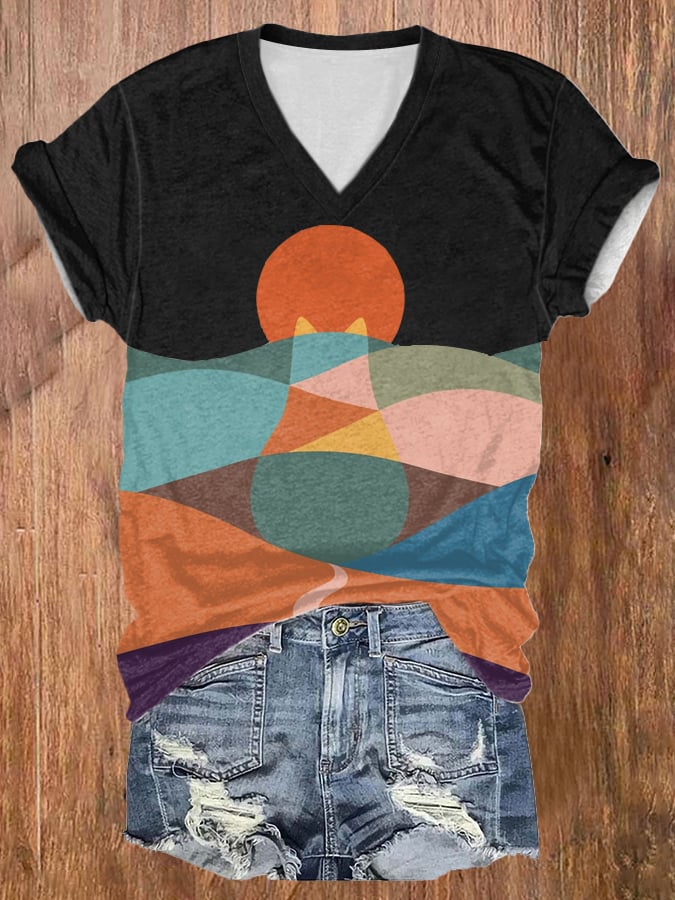 Women's Cat Mountains Landscape Sunrise Art Print  T-shirt