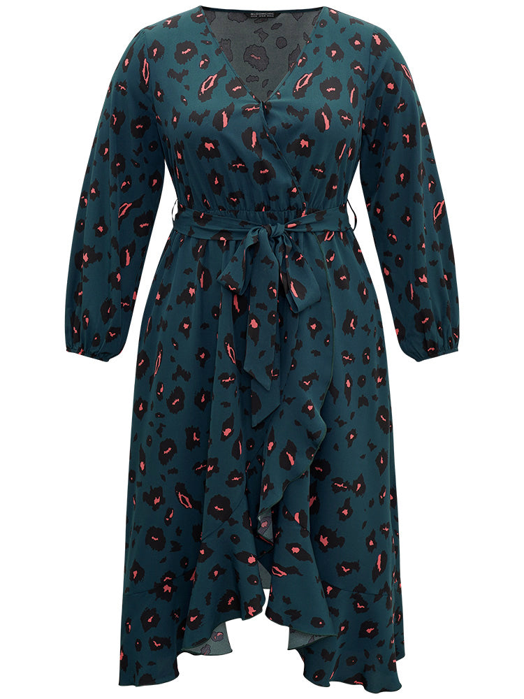 Allover Print Surplice Neck Flutter Trim Dress