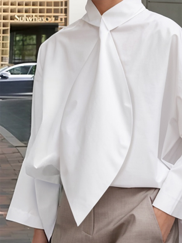 Long Sleeves Loose Solid Color Tied Stand Collar Blouses&Shirts Tops