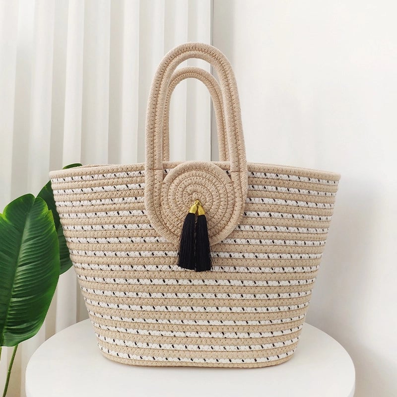 Women's Large Cotton Stripe Vacation Classic Style Weave Bucket Open Beach Bag