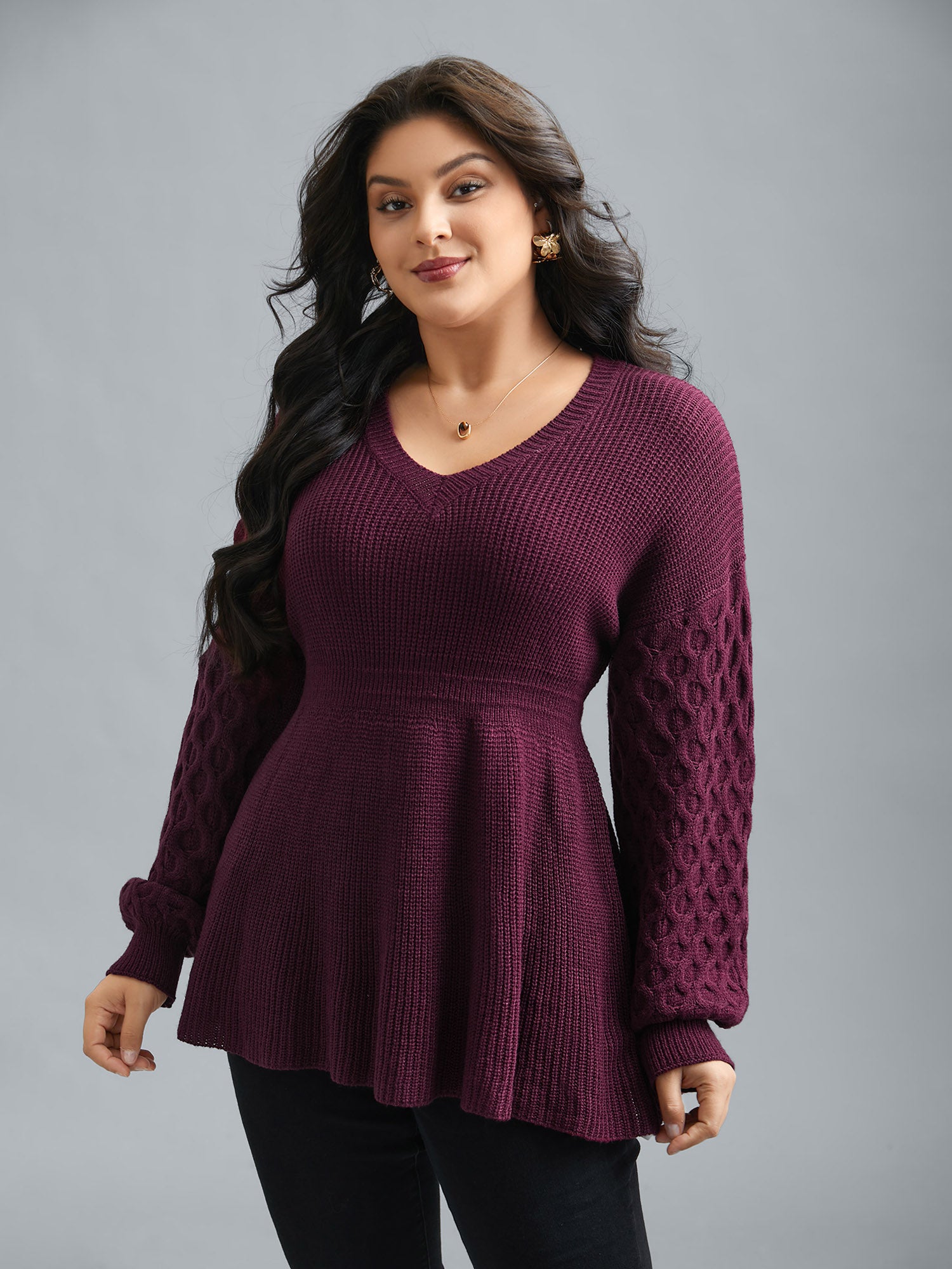 Plain Ribbed Knit Waist Cinched Pullover
