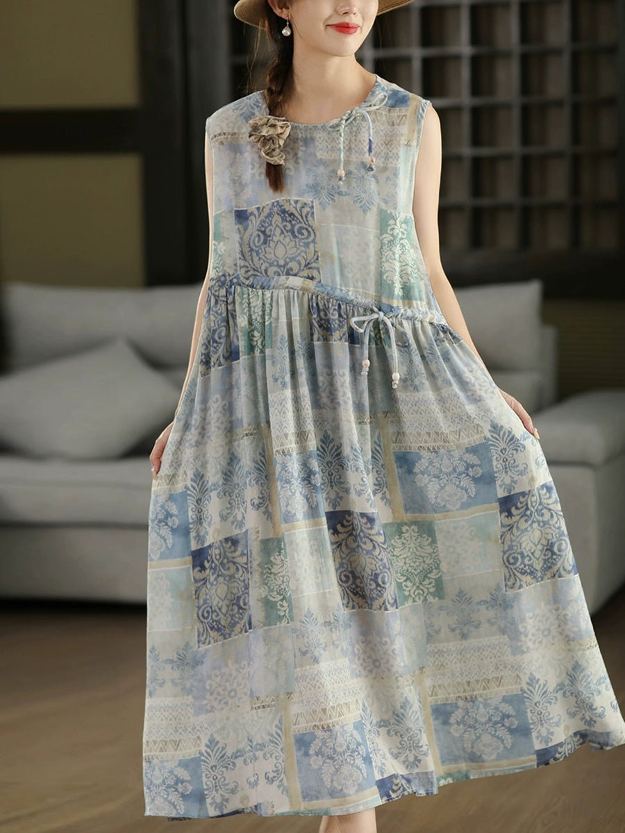 Women Summer Vintage Rhomboids O-Neck Ramie Vest Dress