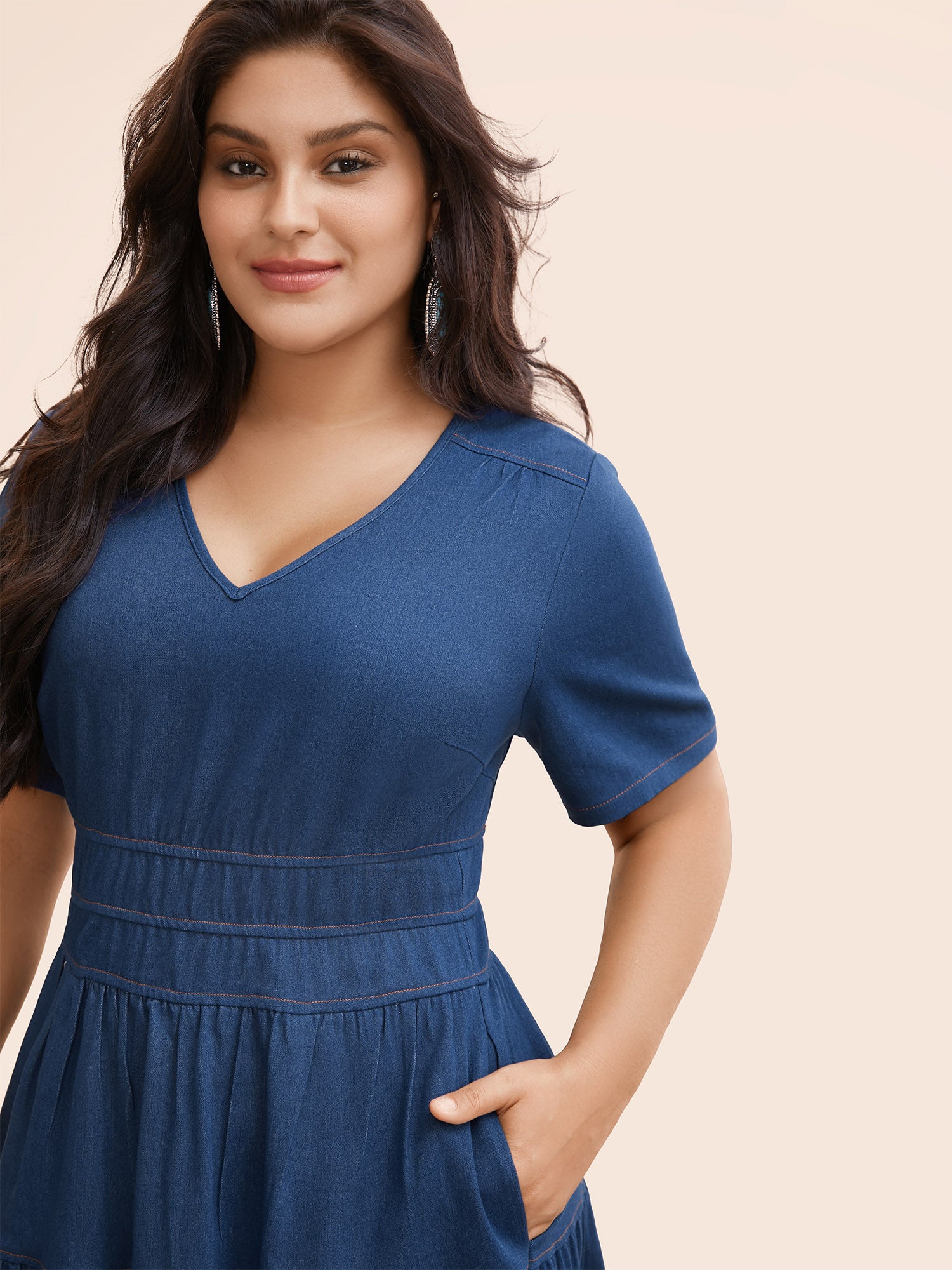 Stretch Denim Pockets Tiered Midi Dress