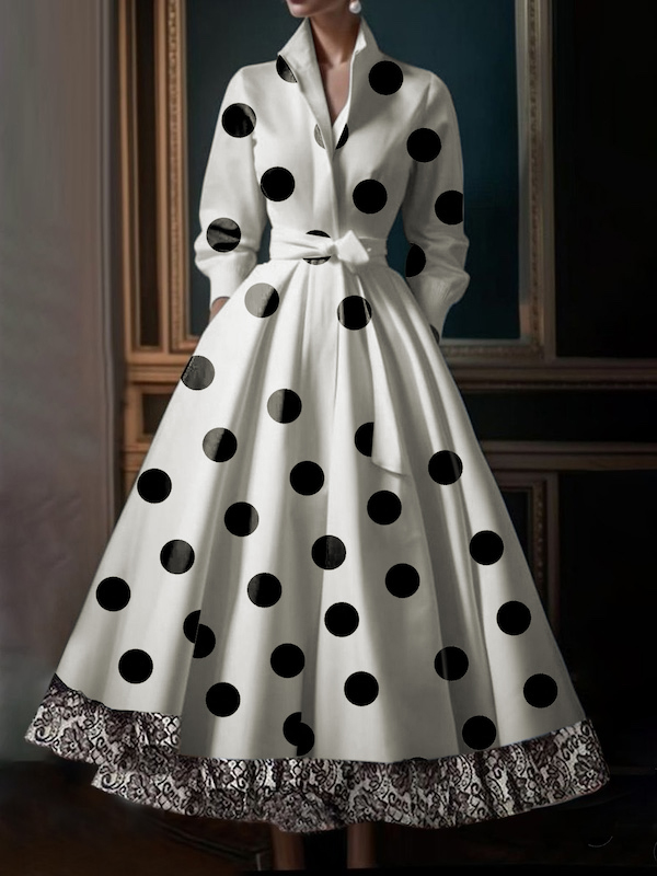 A-Line High Waisted Belted Lace-Up Pockets Polka Dot Split-Joint Stand Collar Maxi Dresses