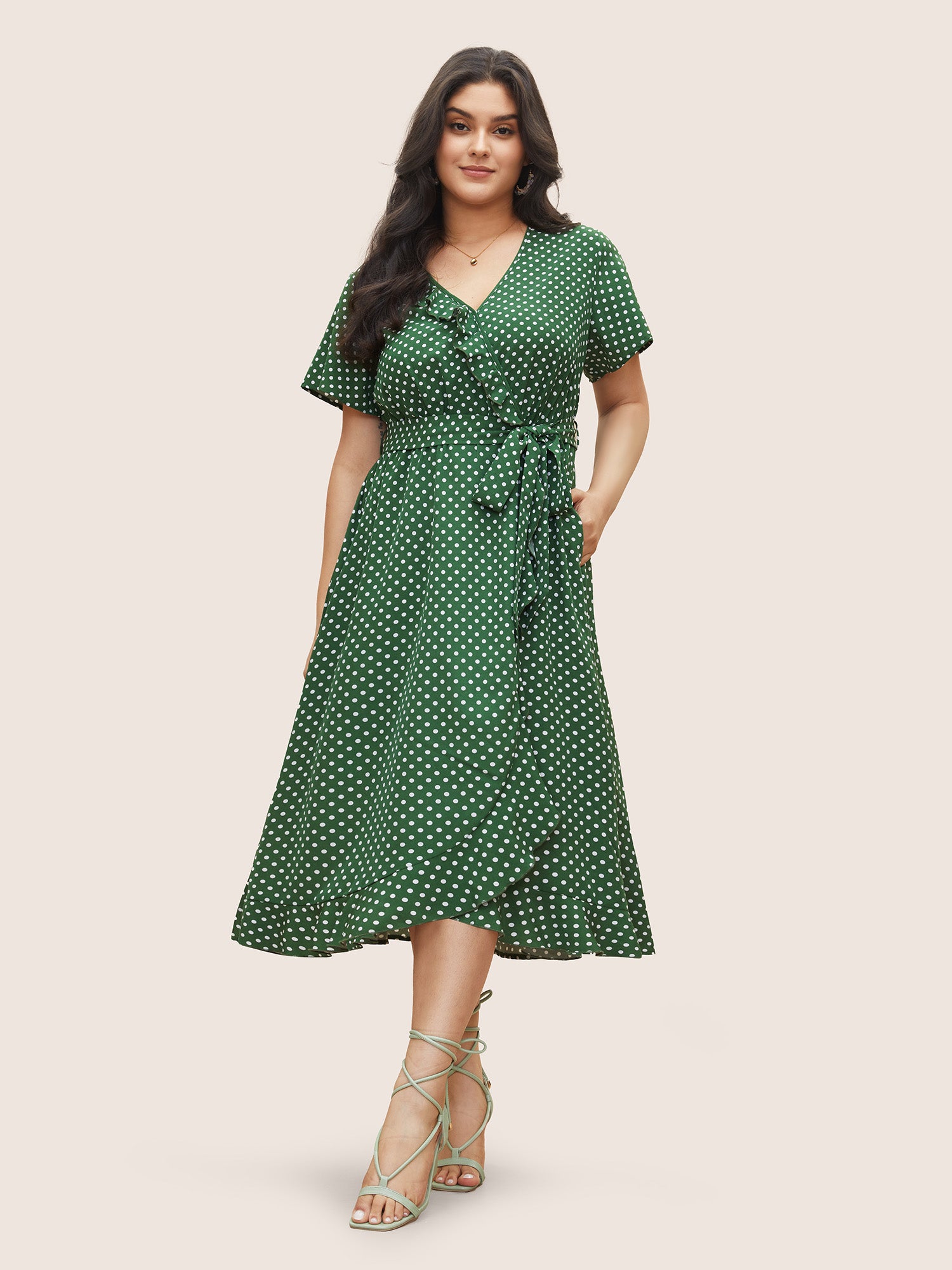 Polka Dot Flutter Trim Belted Overlap Collar Dress