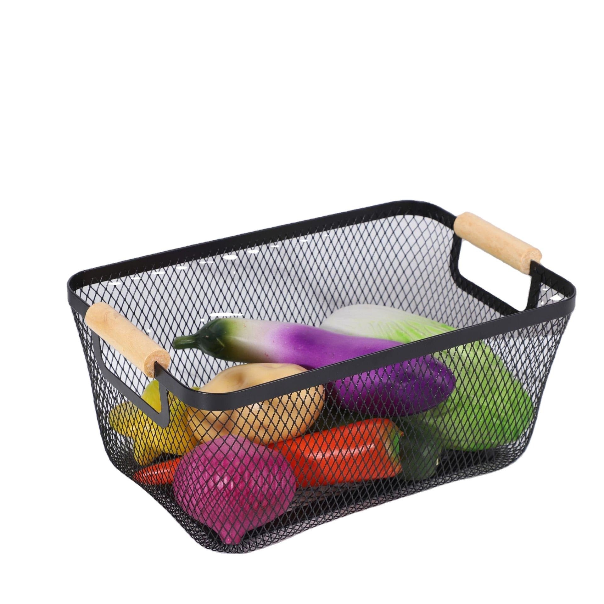 Steel Mesh Storage Organizer Basket. Multifunctional Metal Wire Hanging Kitchen Baskets. Fruit Basket with Wooden Handle. Ideal for Kitchen. Bathroom. Pantry. Cabinet. Home