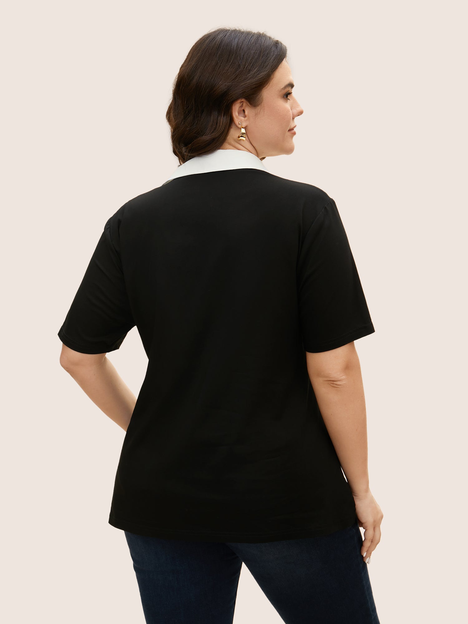 Stretchy Woven Shirt Collar Contrast Blouse