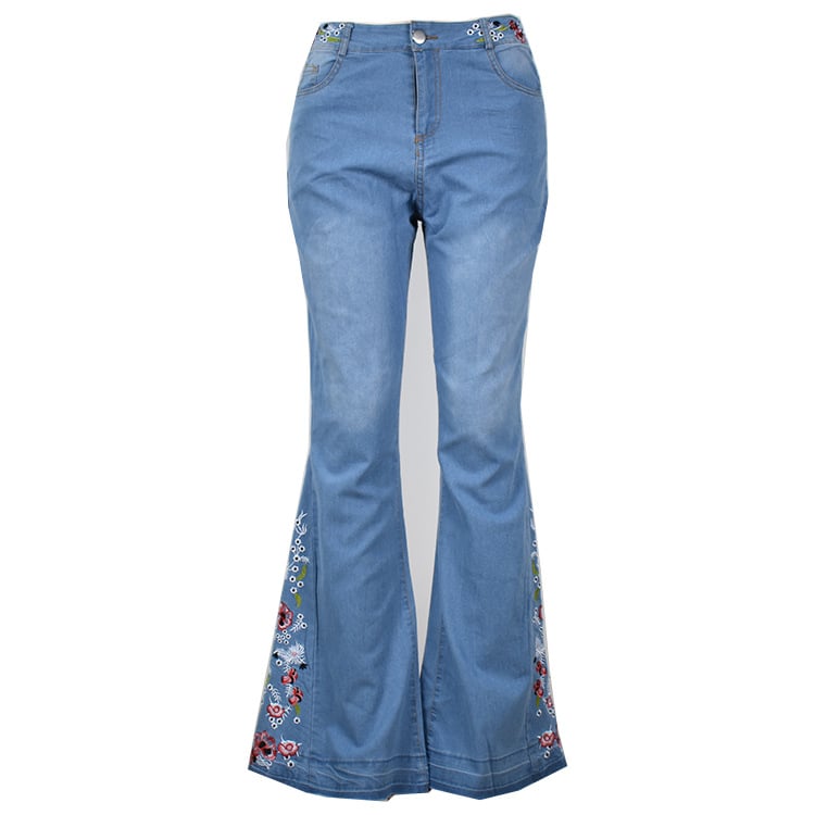 Embroidery Floral Jeans For Women Flares Bell Wide Leg Jeans Vintage Retro Denim Pants