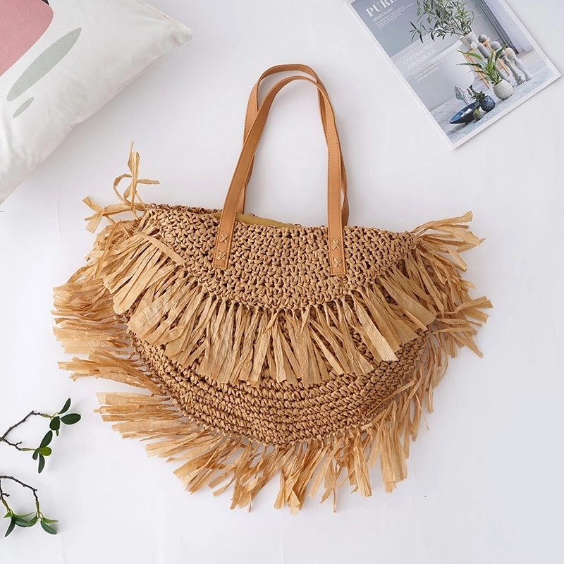 Women's Large Straw Solid Color Vacation Beach Weave Semicircle Zipper Straw Bag