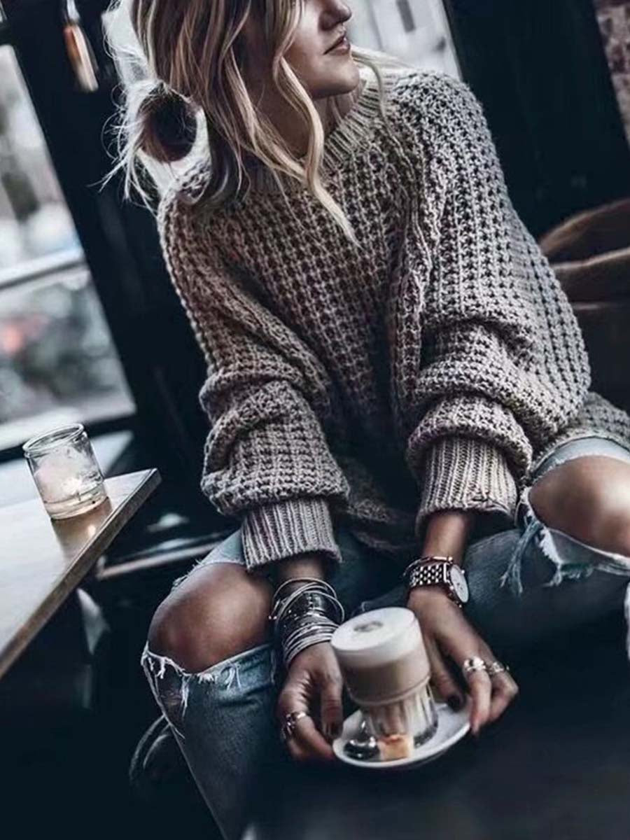 Loose Solid Color Knitted Sweater