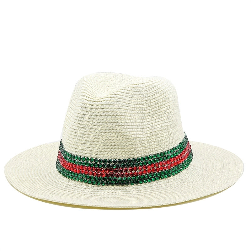 Fashion Outdoor Seaside Sun Shade Fashion Panama Straw Hat Rhinestone Beach Hats
