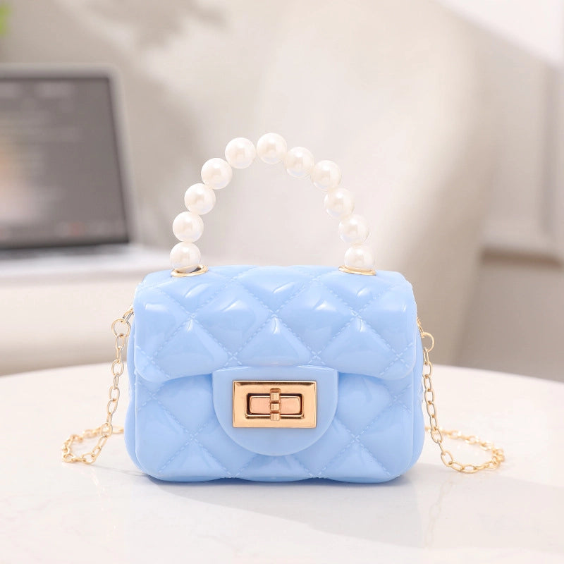Women's PVC Solid Color Cute Beading Pearls Square Lock Clasp Crossbody Bag