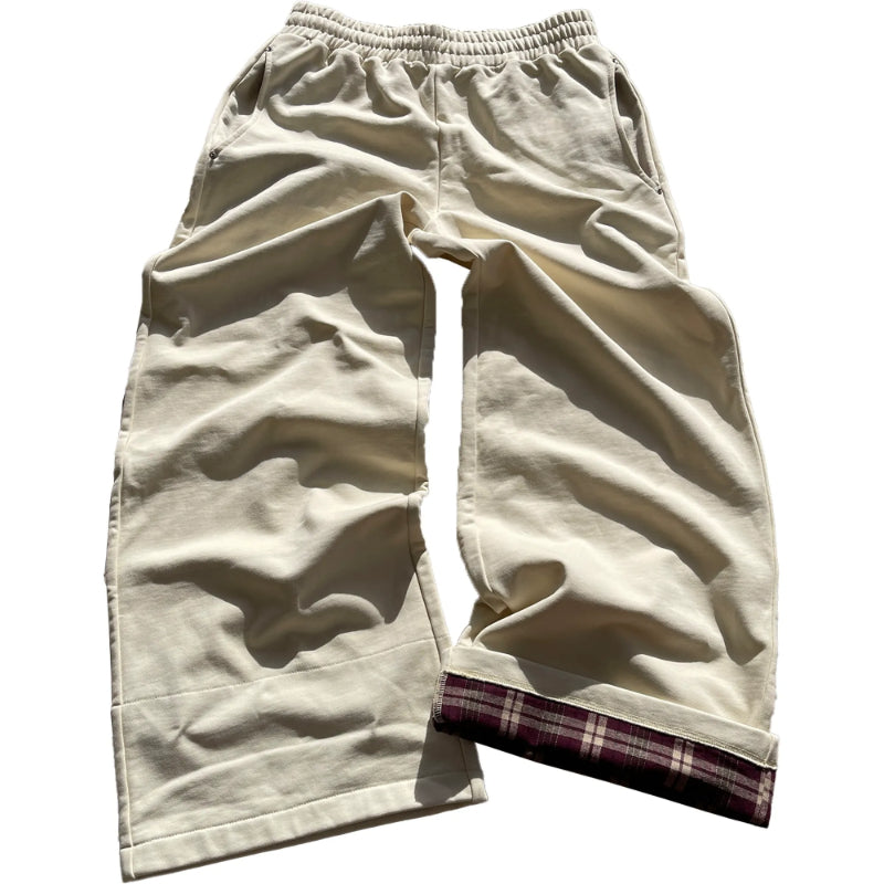 Plaid Lined Wide Length Drawstring Sweatpants With Side Pockets