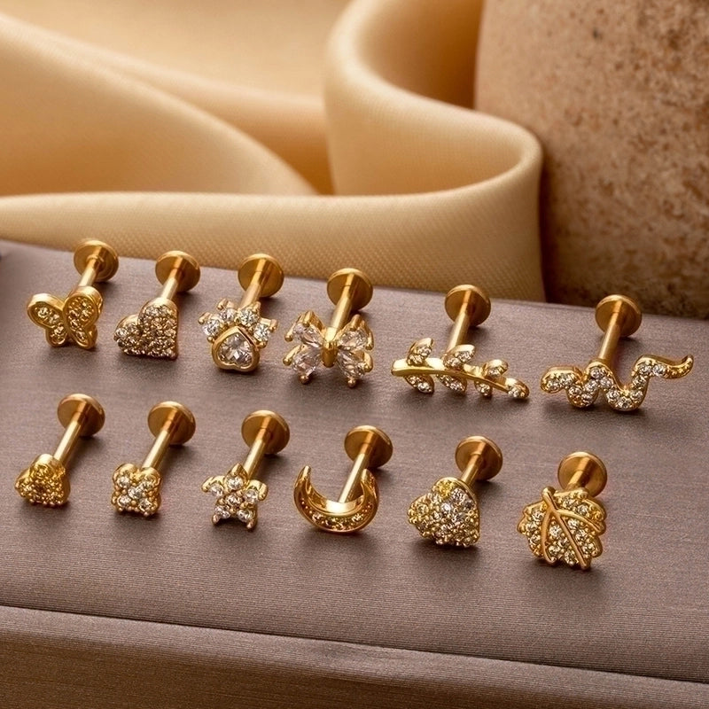 1 Piece Lip Rings Minimalist Heart Shape Flower Butterfly 316L Stainless Steel  Copper Plating Inlay Zircon