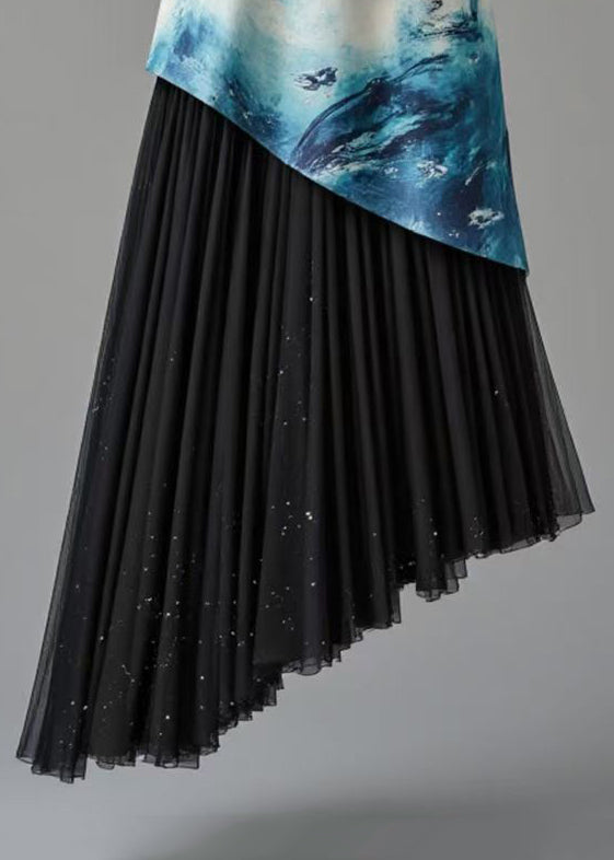 Boutique Blue Asymmetrical Print Wrinkled Patchwork Skirt Summer